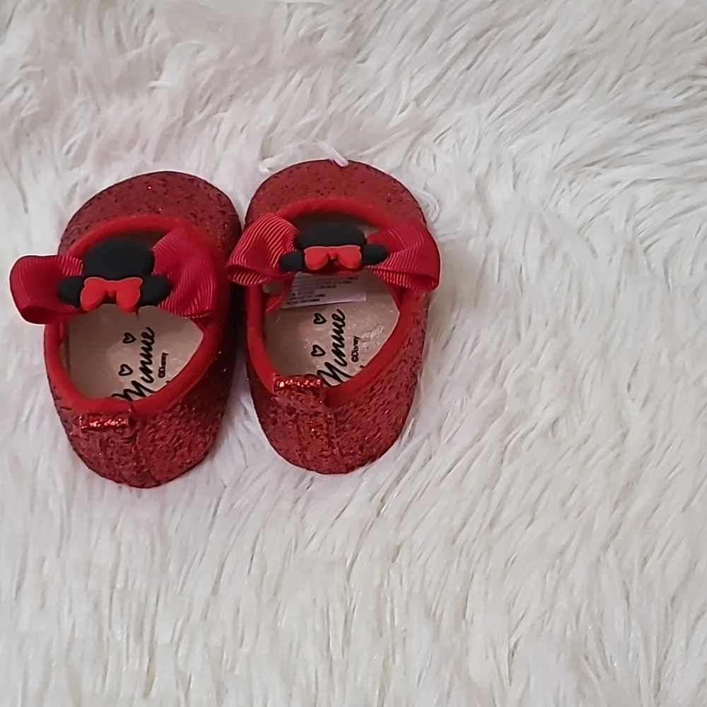DISNEY Minnie Mouse Bow Red‎ Glitter Infant Crib Shoes - Size 3-6M
